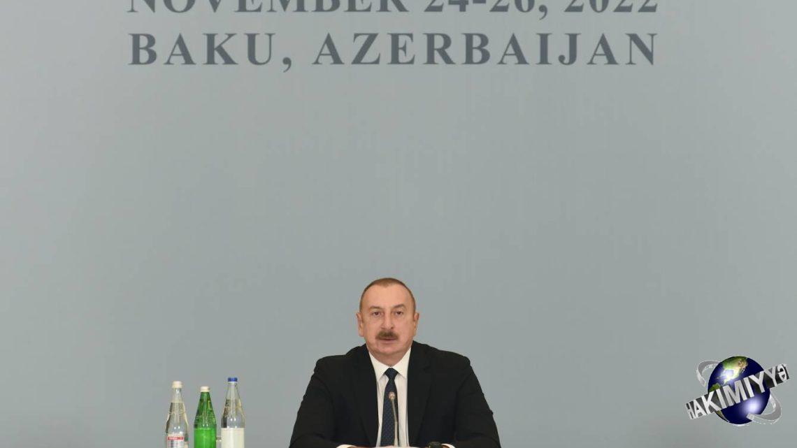 İlham Əliyev Bakıda keçirilən “Orta Dəhliz boyunca: geopolitika, təhlükəsizlik və iqtisadiyyat” mövzusunda beynəlxalq konfransda iştirak edir