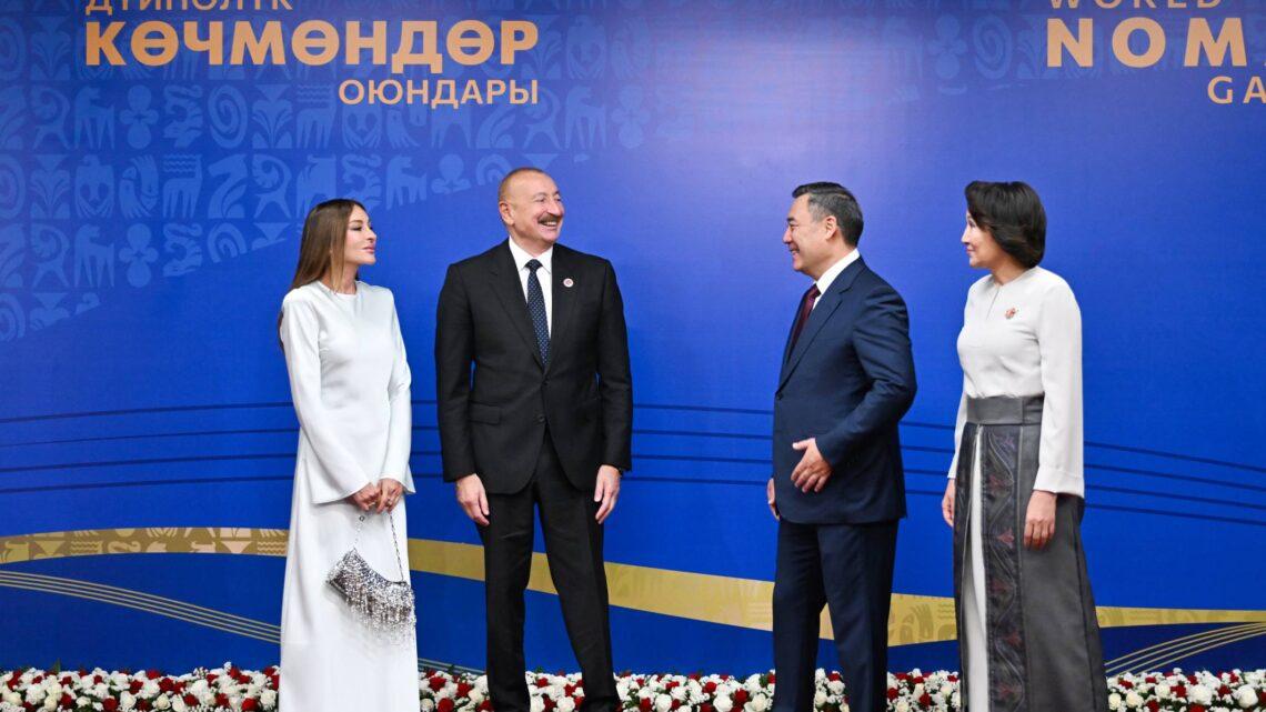Prezident İlham Əliyev və birinci xanım Mehriban Əliyeva Qırğızıstanın paytaxtı Bişkek şəhərində keçirilən 6-cı Dünya Köçəri Oyunlarının açılış mərasimində iştirak ediblər