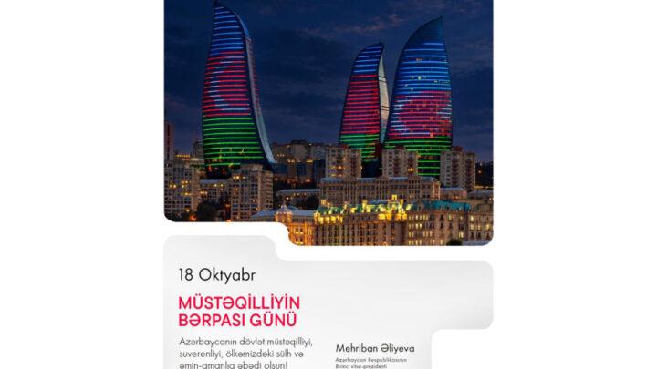 Birinci vitse-prezident Mehriban Əliyeva Müstəqilliyin Bərpası Günü ilə bağlı paylaşım edib